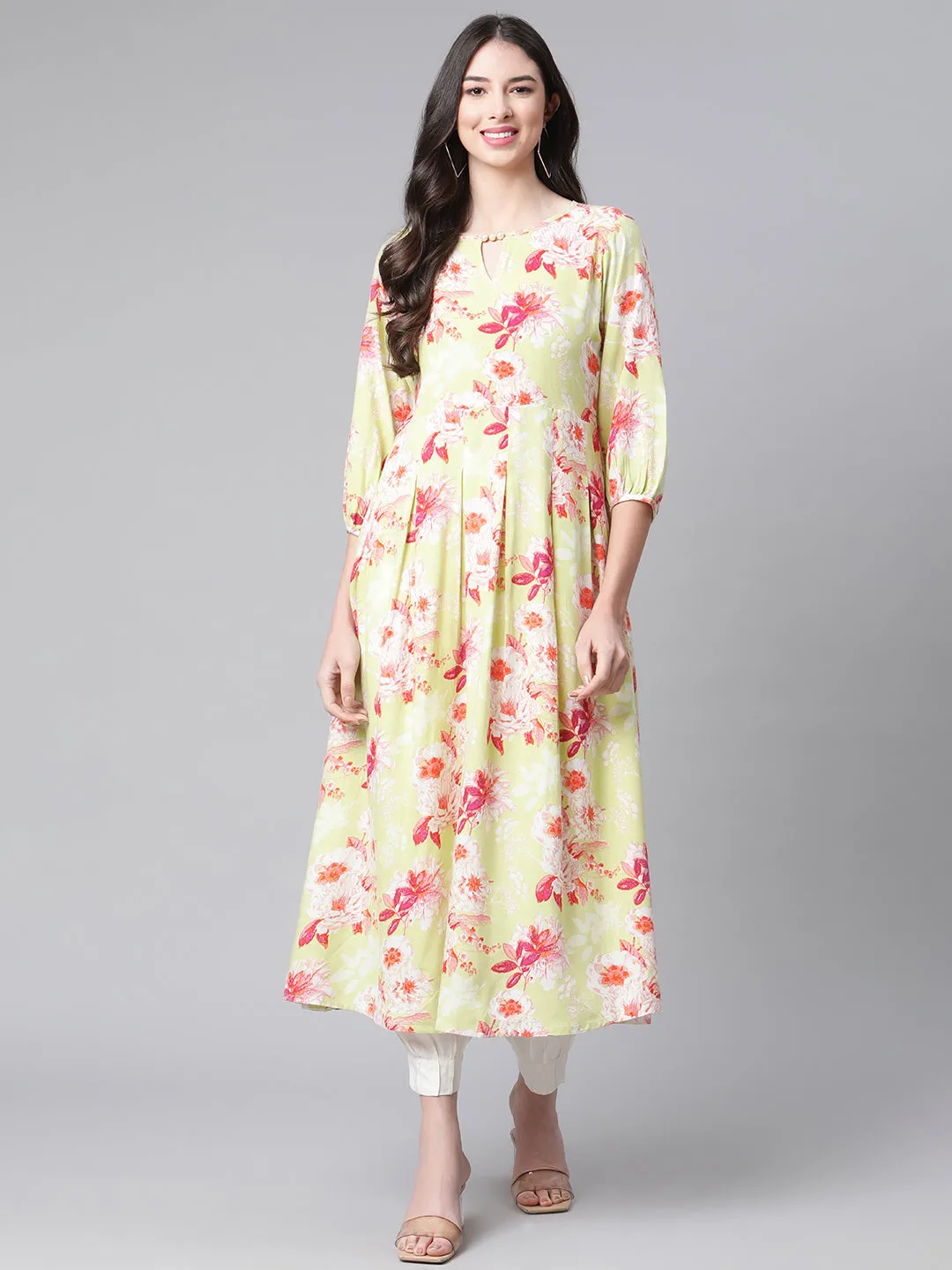 Indibelle Rayon Floral Print Midi Dress (Green)