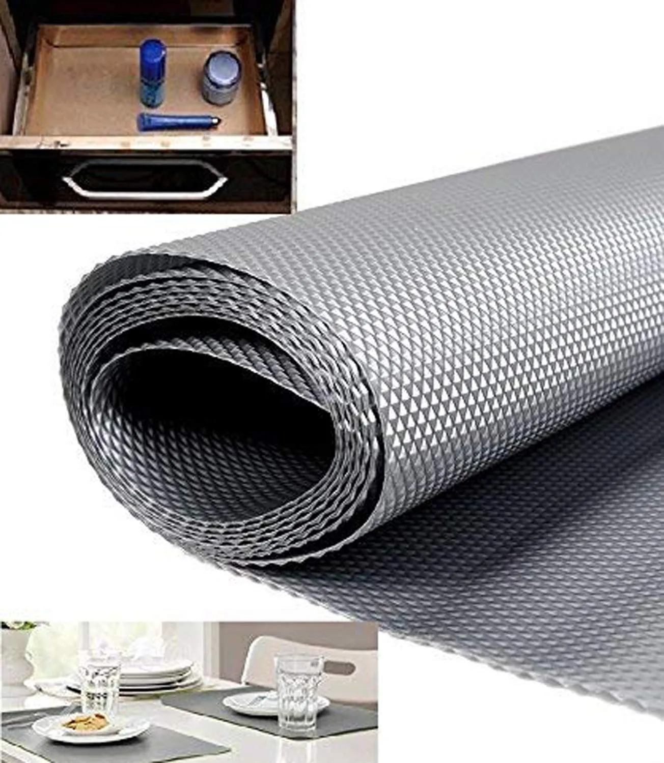 Kuber Industries 3 Pieces Multipurpose Textured Super Strong Anti-Anti Skid Mats and Liners for Drawer, Refrigerator, Cupboard, Shelf,Size 45X500cm (5 Meter Roll, Grey)