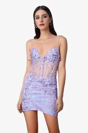 Lilac V-neck See-through Spaghetti Straps Homecoming Dresses