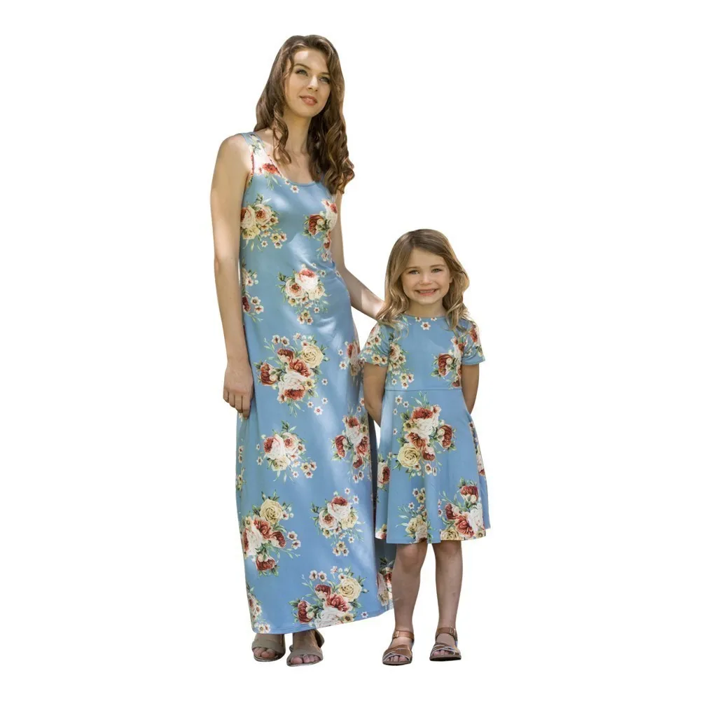 Little Girls Blue Flower Printed Short Sleeves Summer Dresses 2T-8