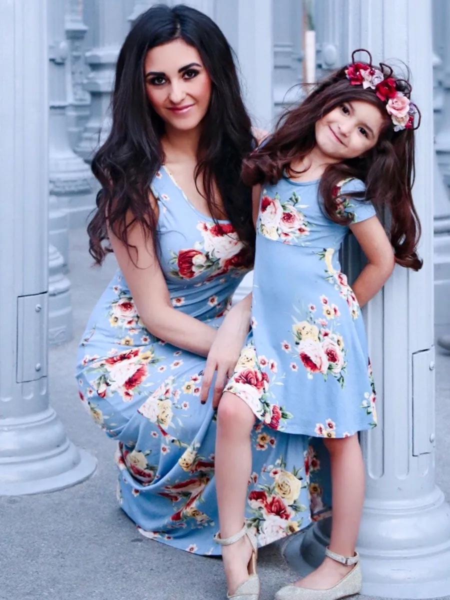 Little Girls Blue Flower Printed Short Sleeves Summer Dresses 2T-8