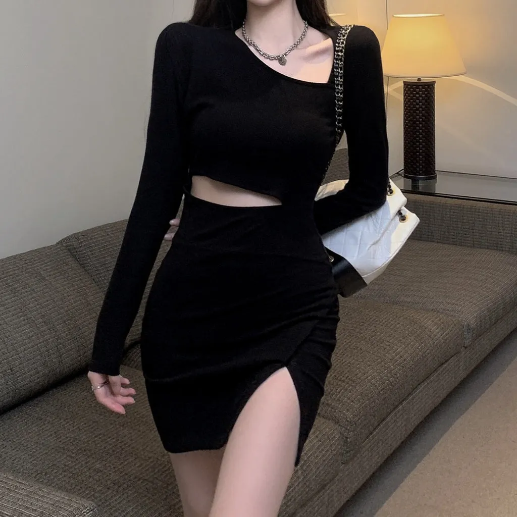 Long Sleeve Slim Temperament Black Short Dress