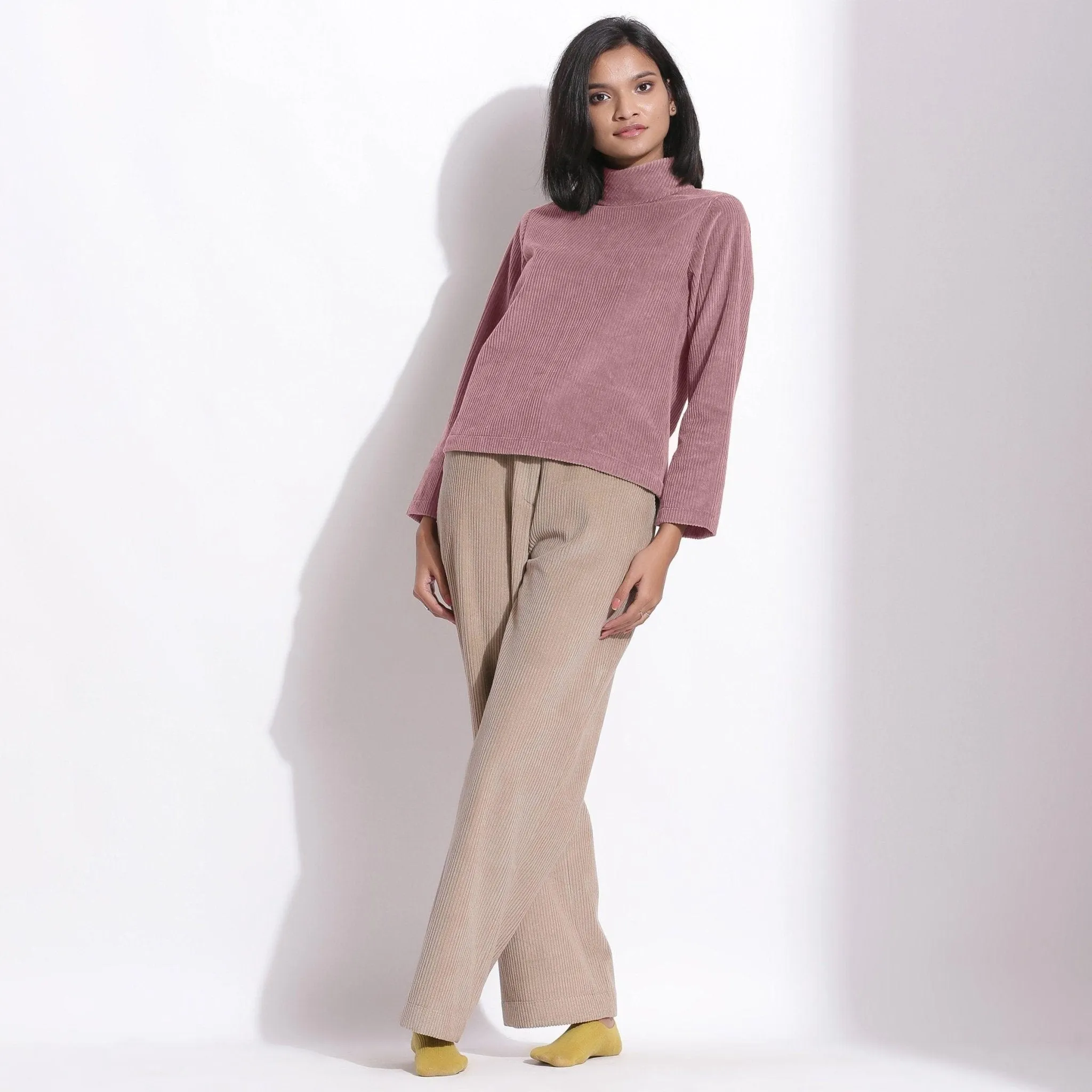 Mauve Warm Cotton Corduroy Turtleneck Top