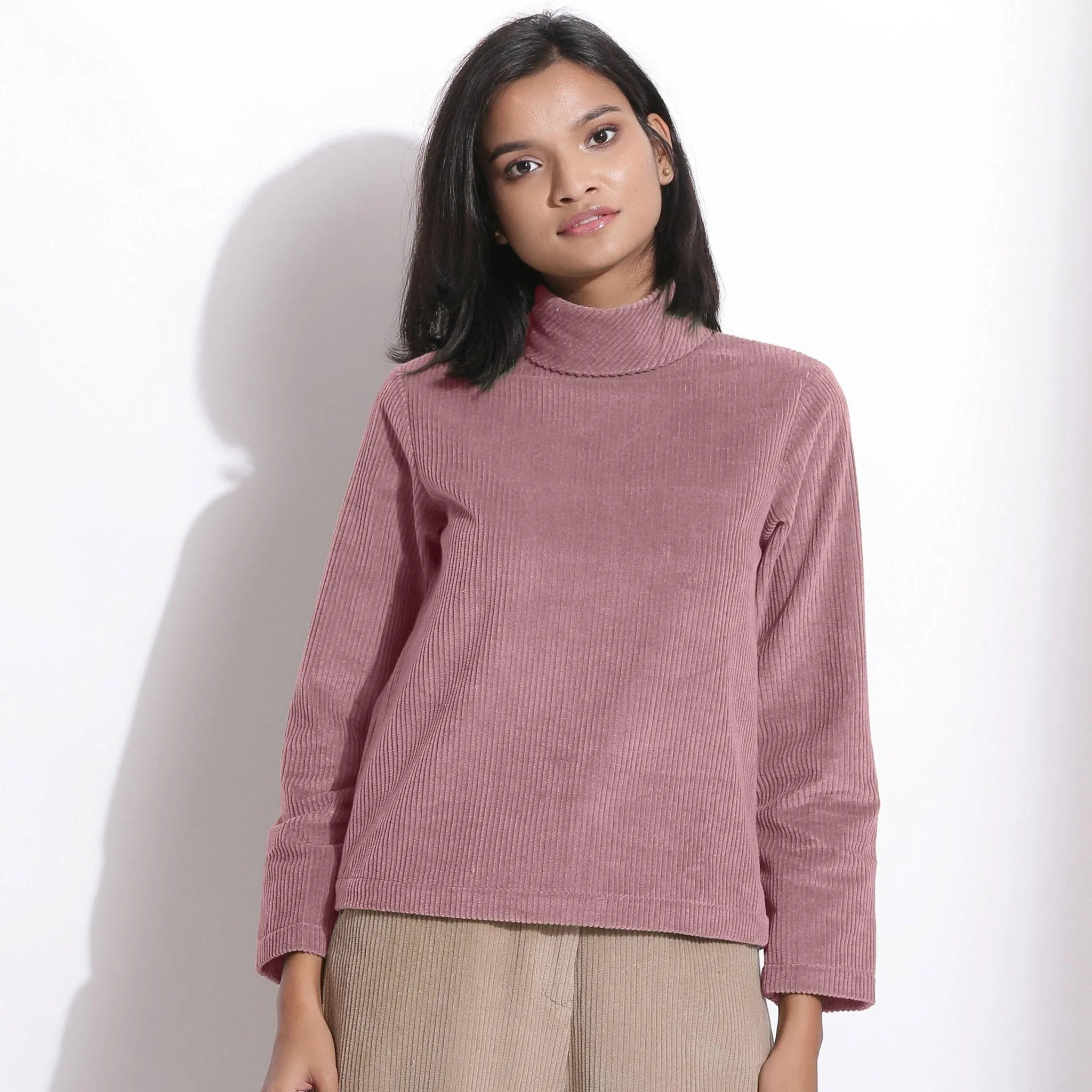 Mauve Warm Cotton Corduroy Turtleneck Top