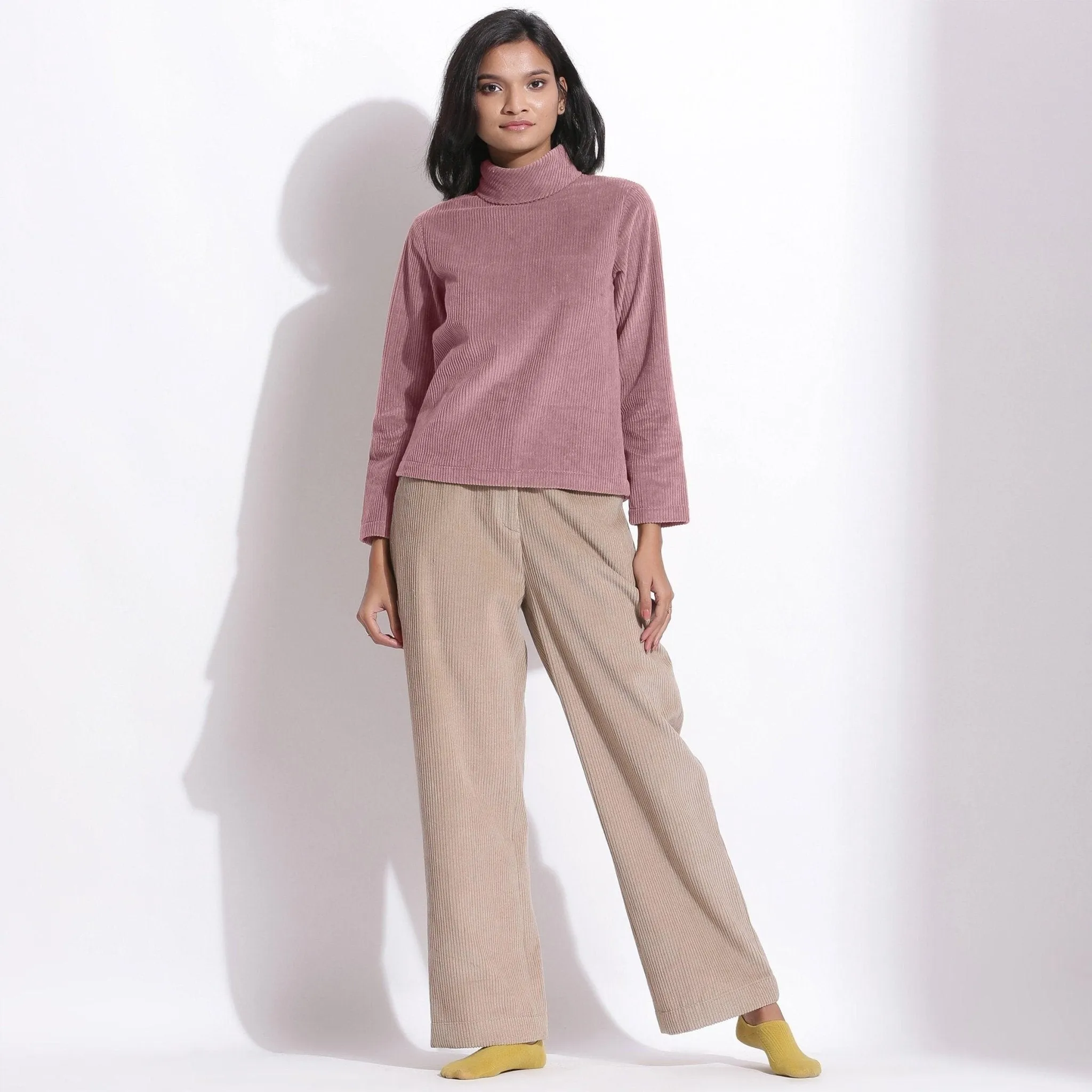 Mauve Warm Cotton Corduroy Turtleneck Top