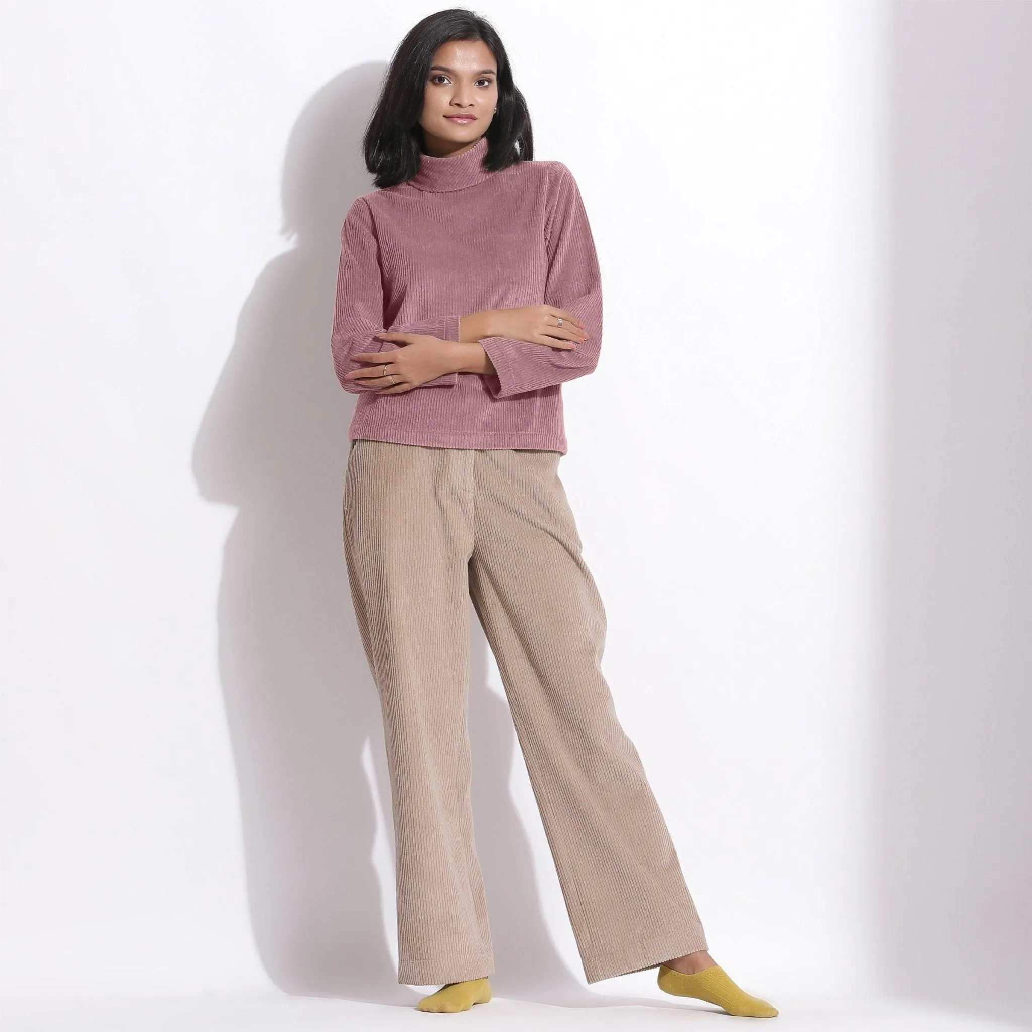 Mauve Warm Cotton Corduroy Turtleneck Top