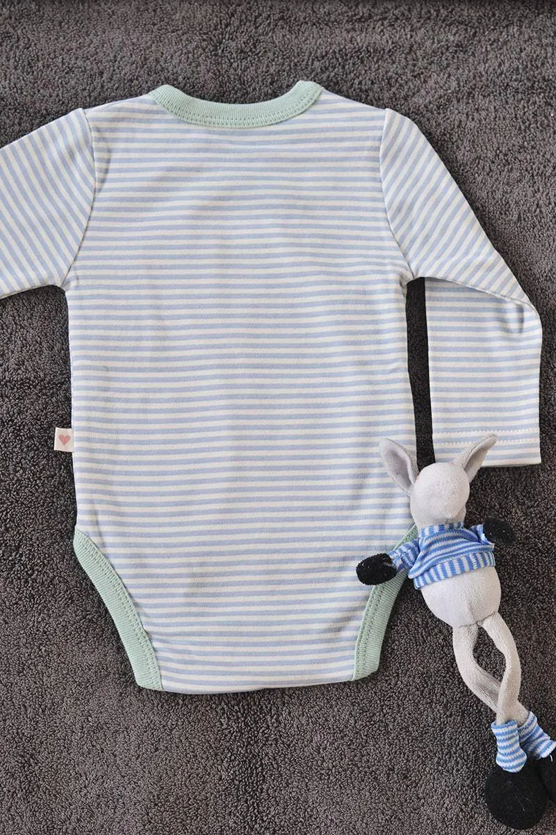 Mint Blue Striped Unisex Full Sleeve Kimono Onesie In Organic Cotton