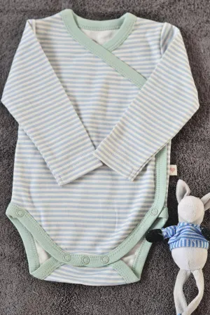 Mint Blue Striped Unisex Full Sleeve Kimono Onesie In Organic Cotton