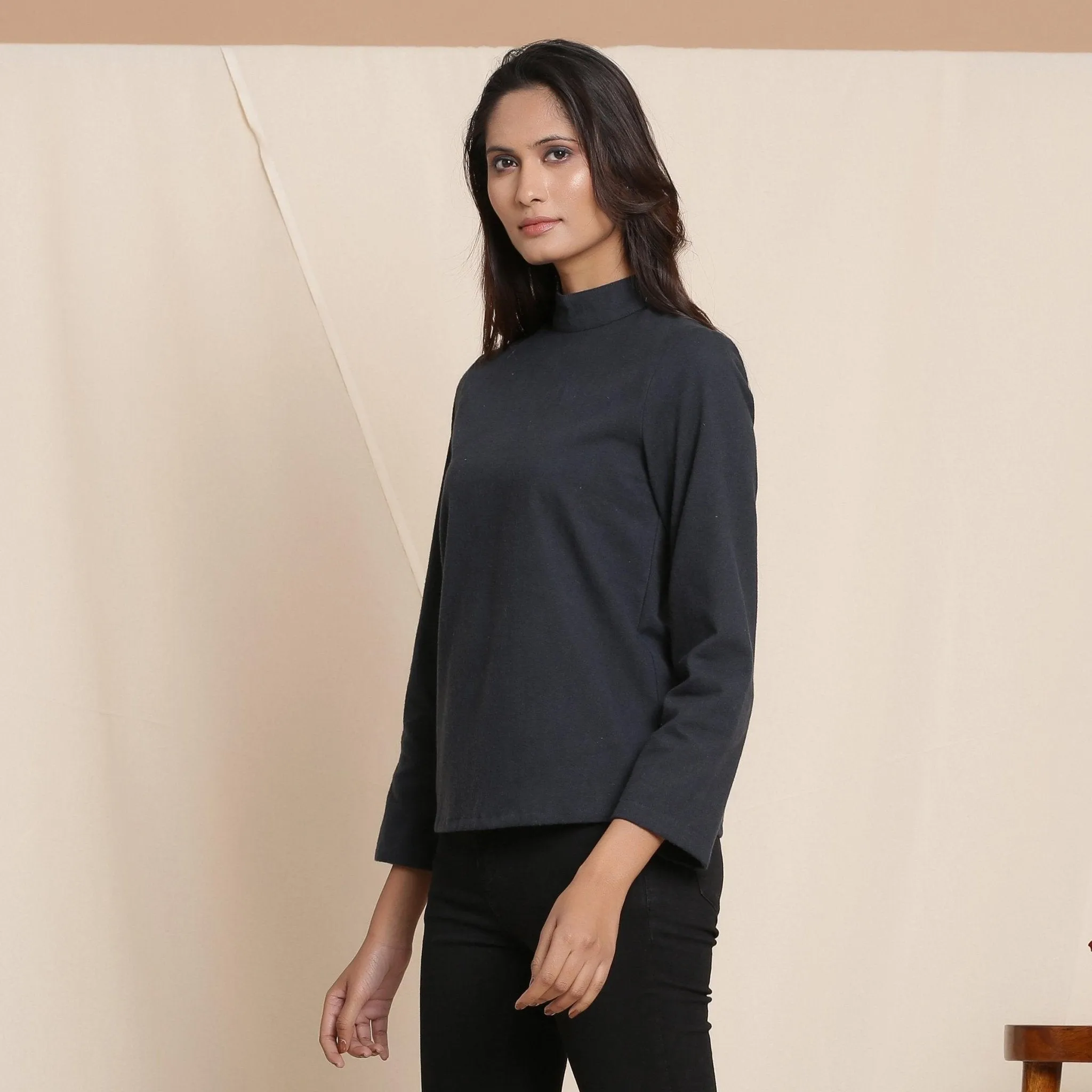 Moonlight Black Warm Cotton Flannel High Neck Top