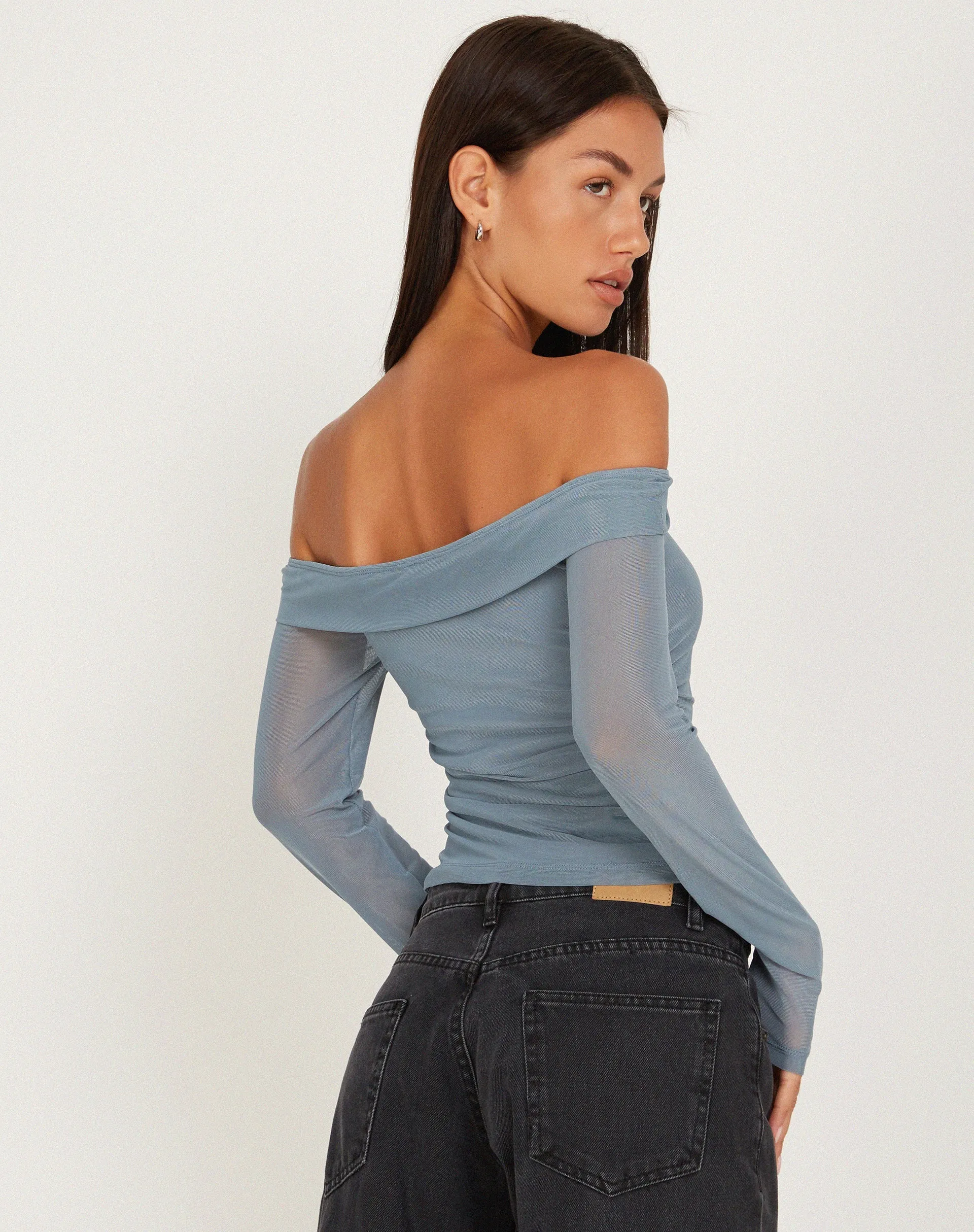 Nauri Mesh Bardot Top in Blue Grey