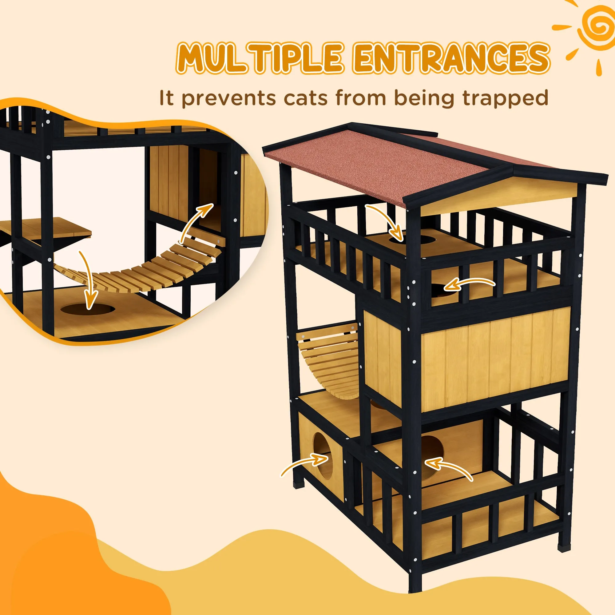 Outdoor Cat Shelter, Four-Tier Wooden Feral Cat House, with Suspension Bridge, Cat Houses, Balcony, Escape Doors