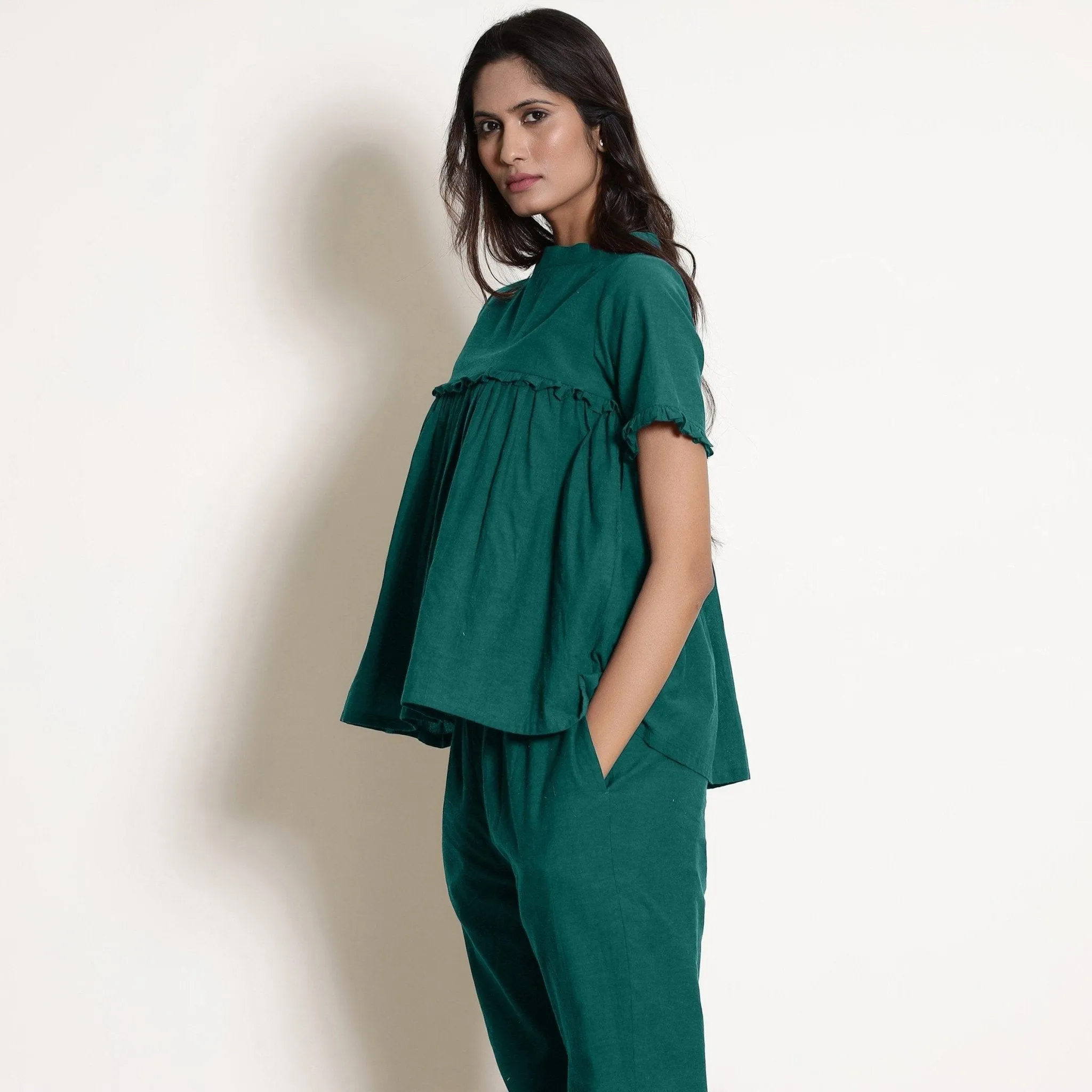 Pine Green Warm Cotton Frilled Gathered Top