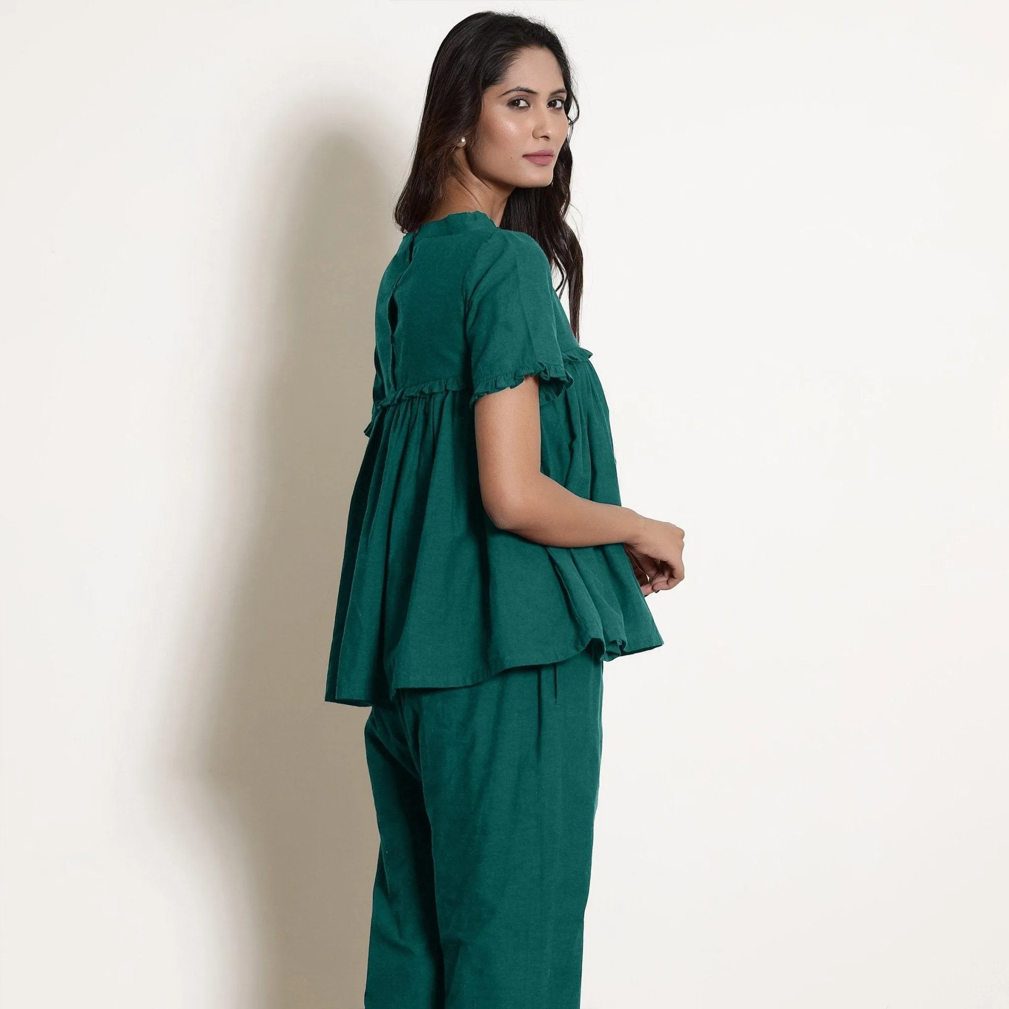 Pine Green Warm Cotton Frilled Gathered Top