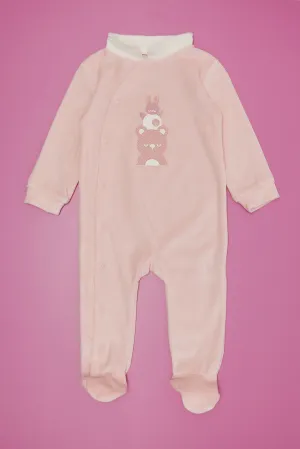 Pink Placement Print Velour Sleepsuit