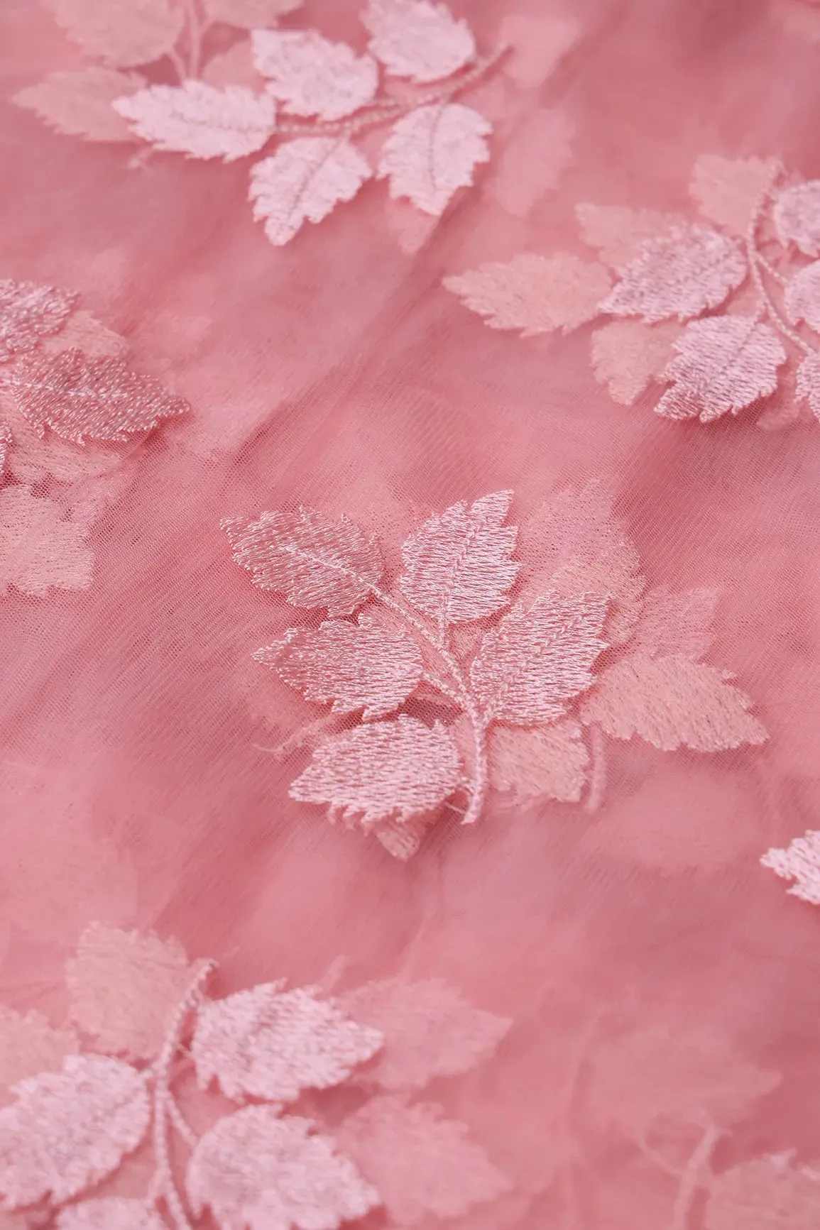 Pink Thread With Sequins Leafy Embroidery Work On Salmon Pink Soft Net Fabric