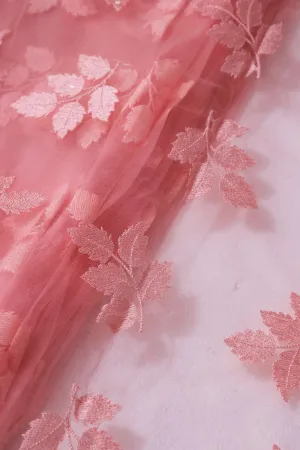 Pink Thread With Sequins Leafy Embroidery Work On Salmon Pink Soft Net Fabric