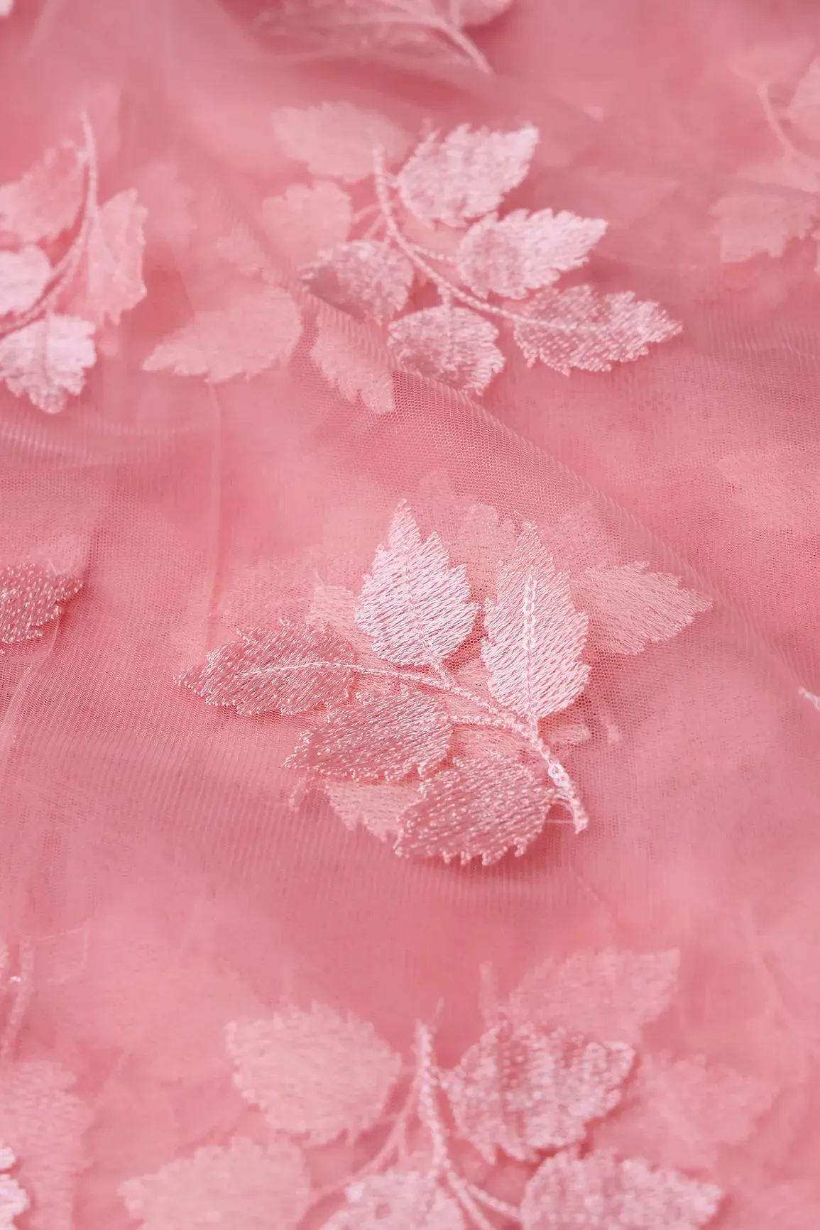 Pink Thread With Sequins Leafy Embroidery Work On Salmon Pink Soft Net Fabric