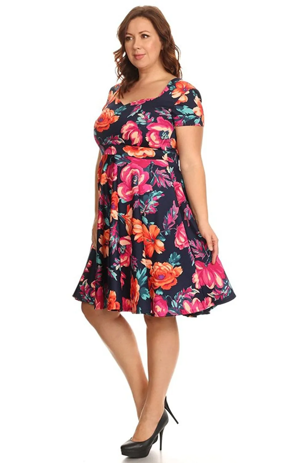 Plus Size Colorful Floral Elegant Fit & Flare Dress U.S.A