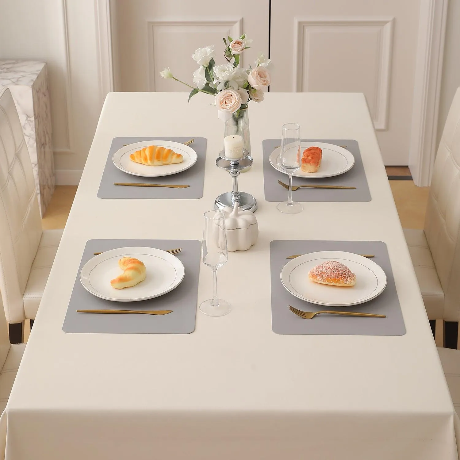 Premium Faux Leather Dining Table Mats, Light Grey