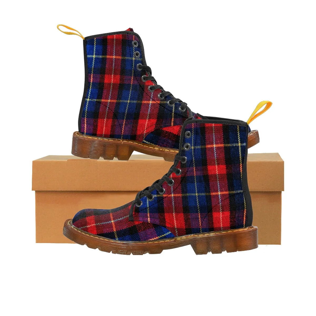 Red Plaid Men's Boots, Comfortable Tartan Print Fashion Men's Winter Hiking Boots Shoes