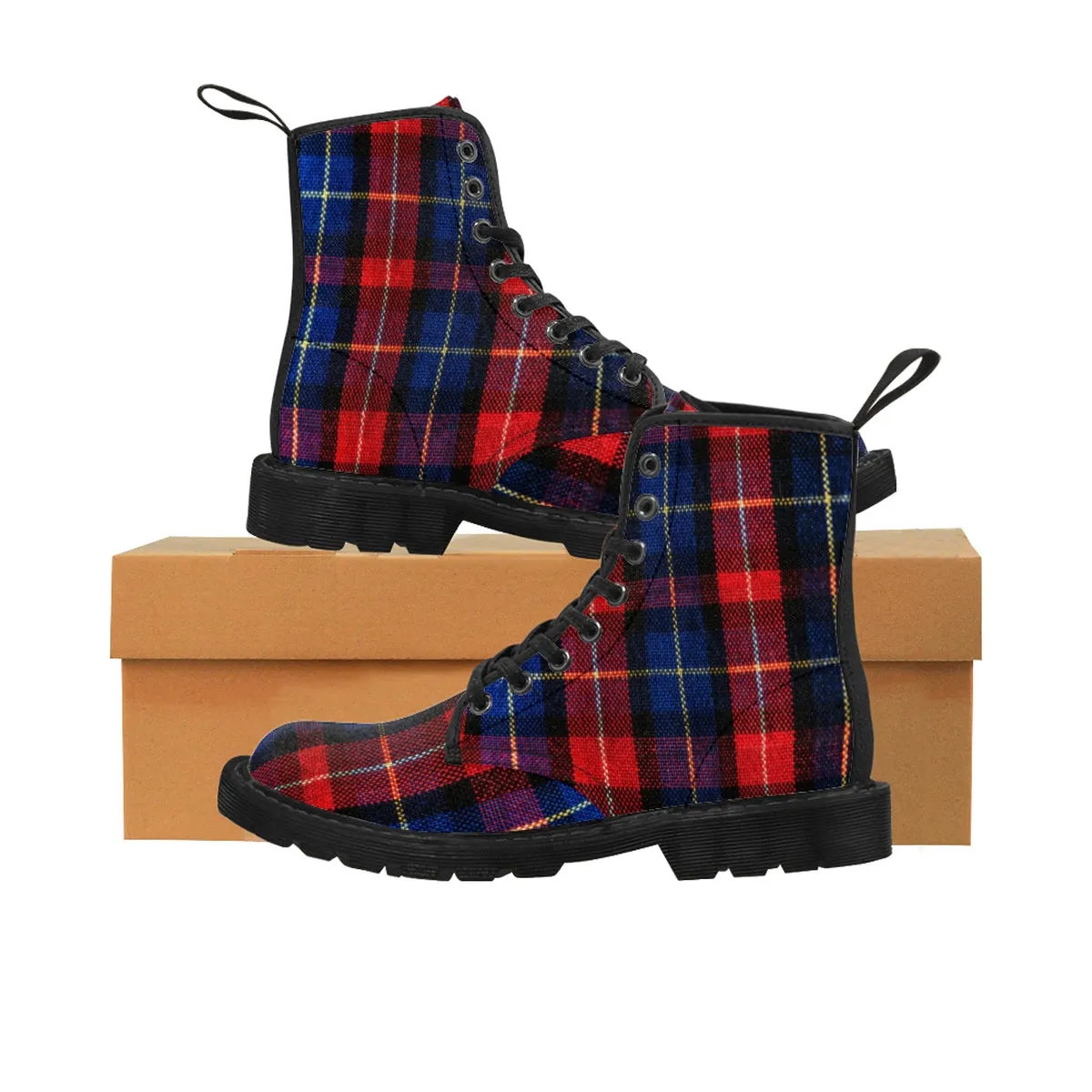 Red Plaid Men's Boots, Comfortable Tartan Print Fashion Men's Winter Hiking Boots Shoes