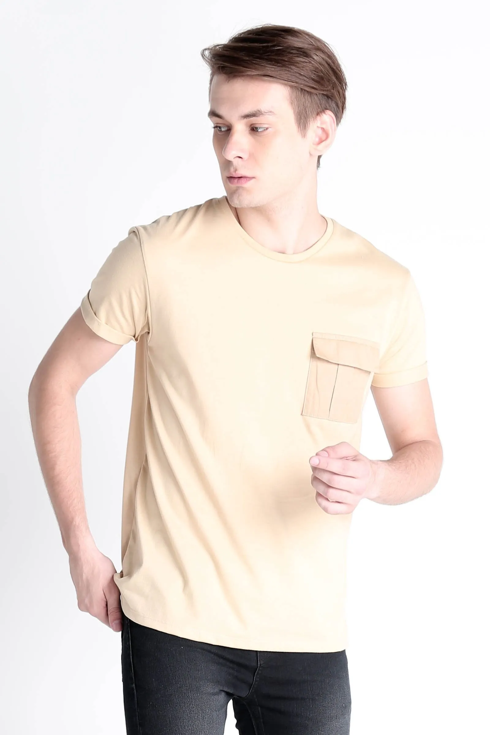 Relaxed Fit Tee With Woven Pocket & Rolled-Up Sleeve Detail