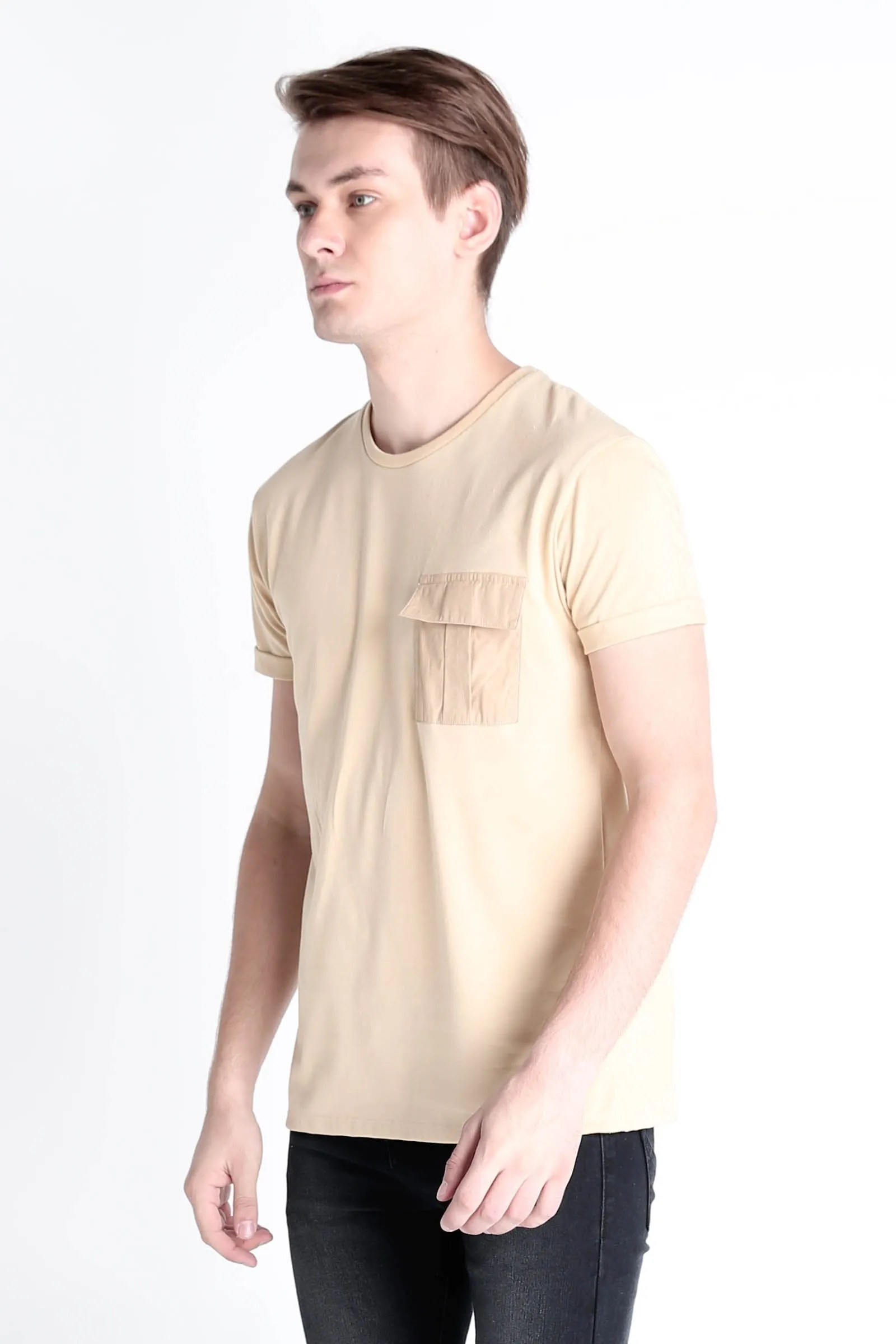 Relaxed Fit Tee With Woven Pocket & Rolled-Up Sleeve Detail