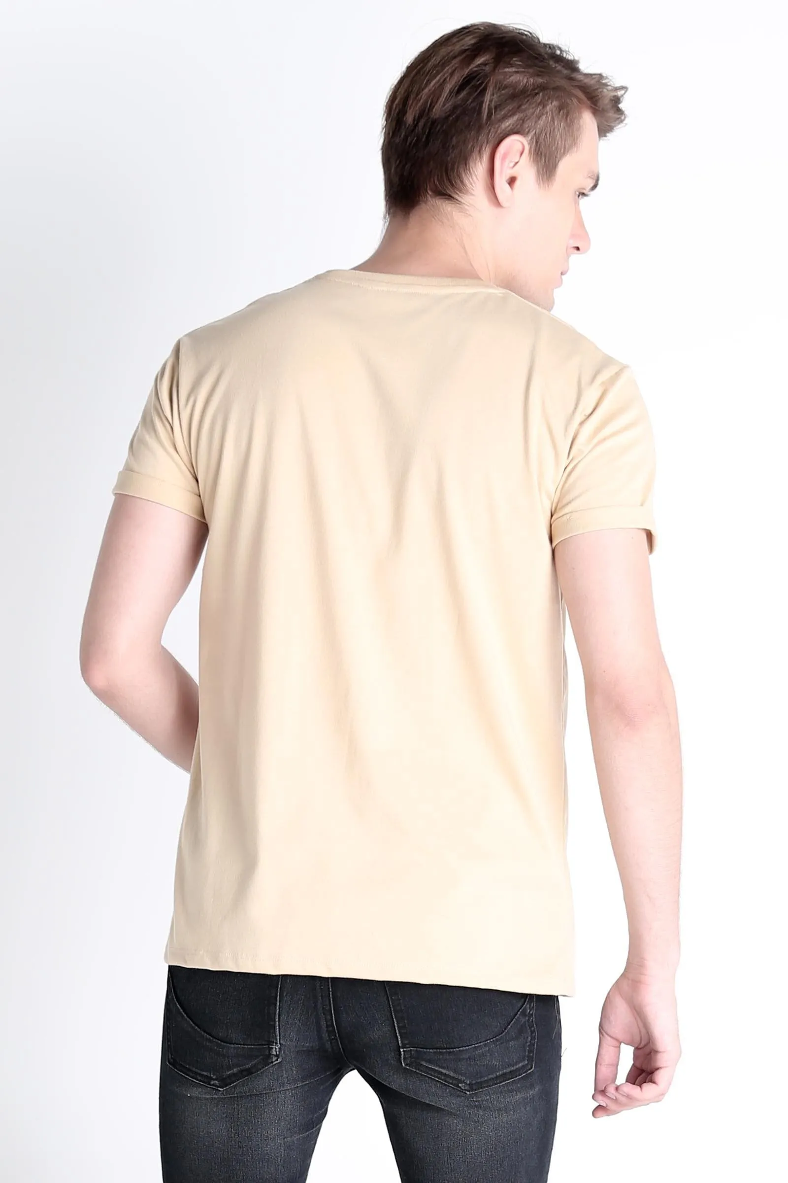 Relaxed Fit Tee With Woven Pocket & Rolled-Up Sleeve Detail