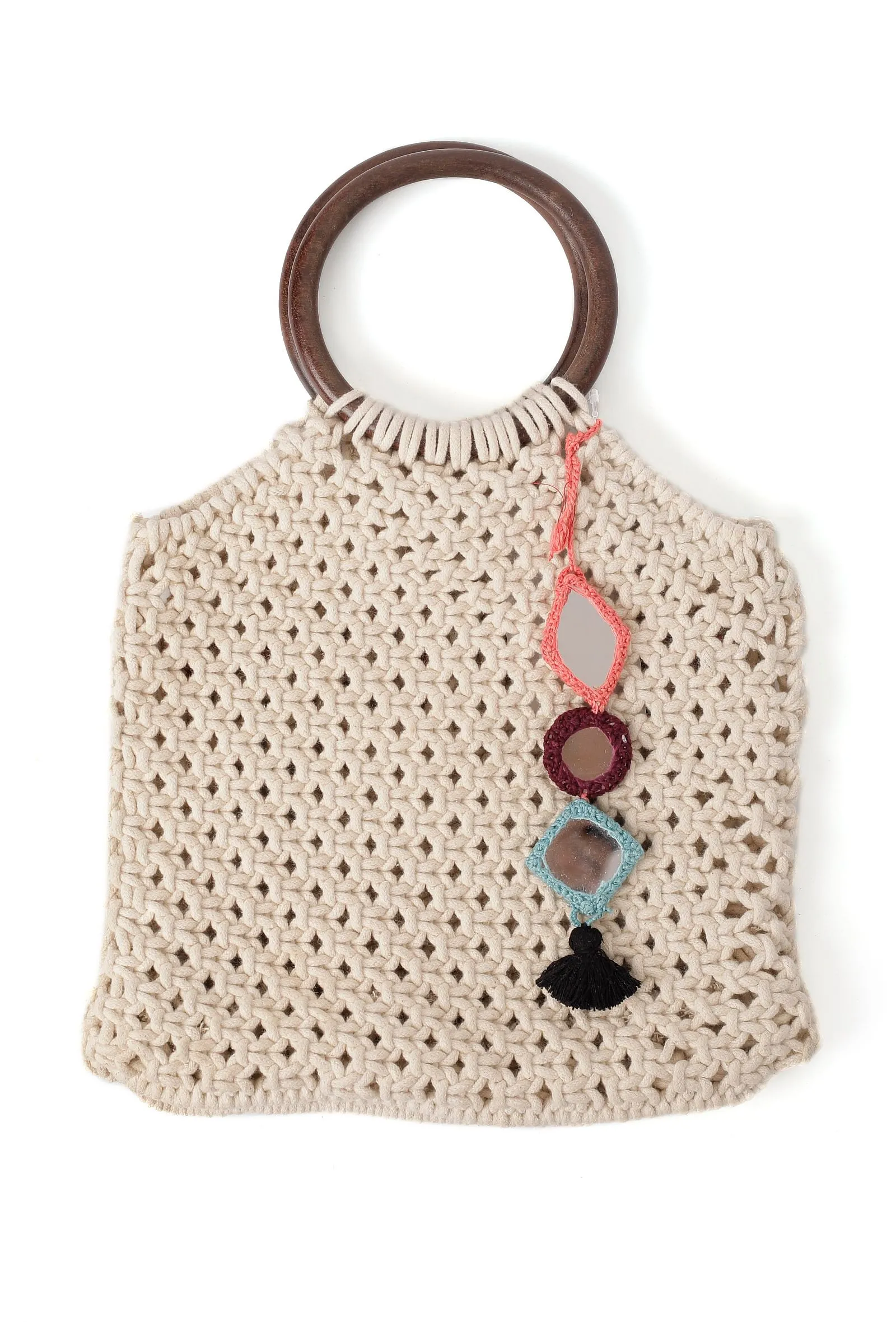 Scarlet White Macrame Satchel Bag With Contrast Tassels