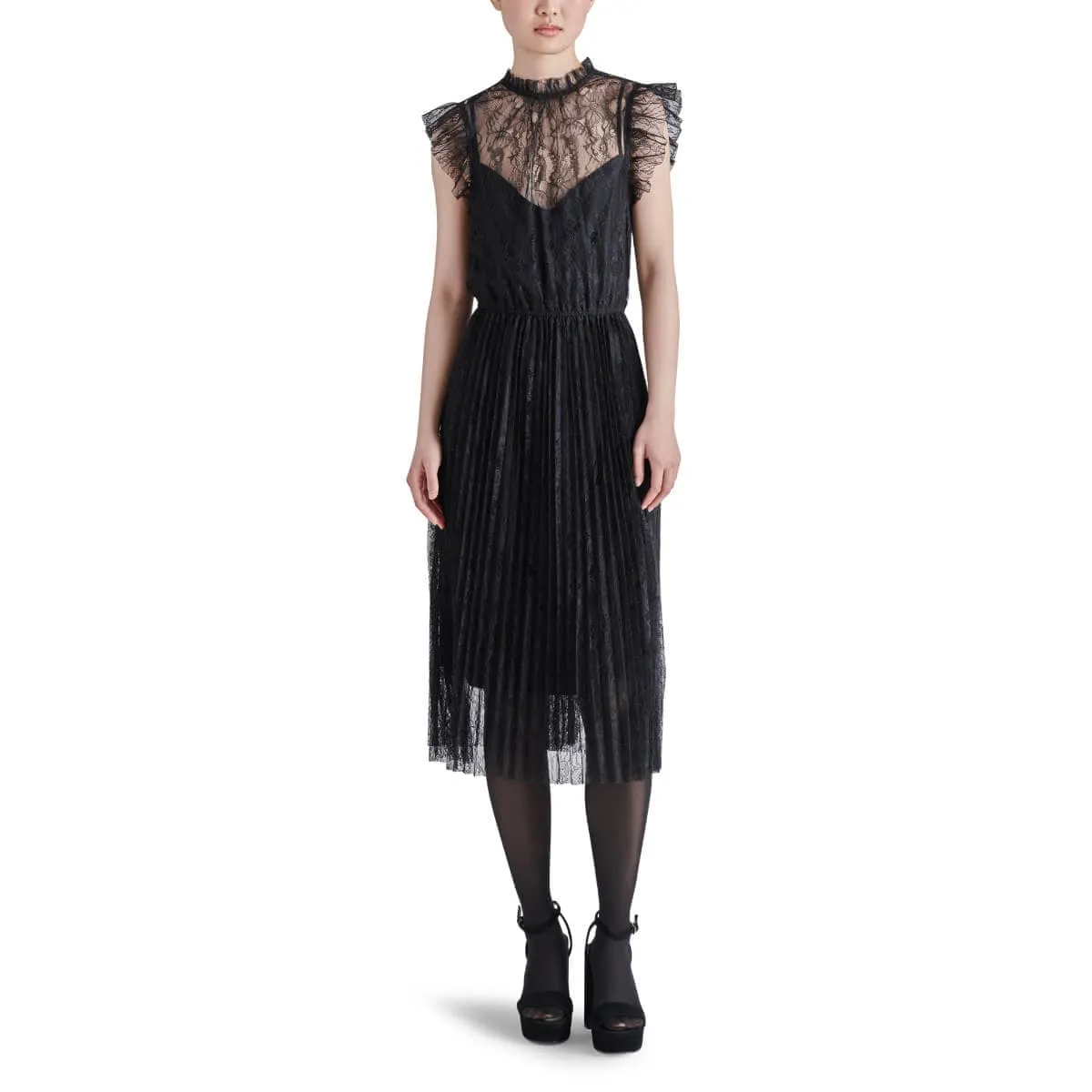 Steve Madden Izzo Pleated Ruffle Lace Midi Dress