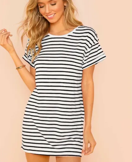 TastyHottie - Trendy Round Collar Striped Mini Shift Dress