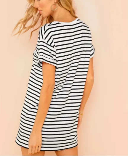 TastyHottie - Trendy Round Collar Striped Mini Shift Dress