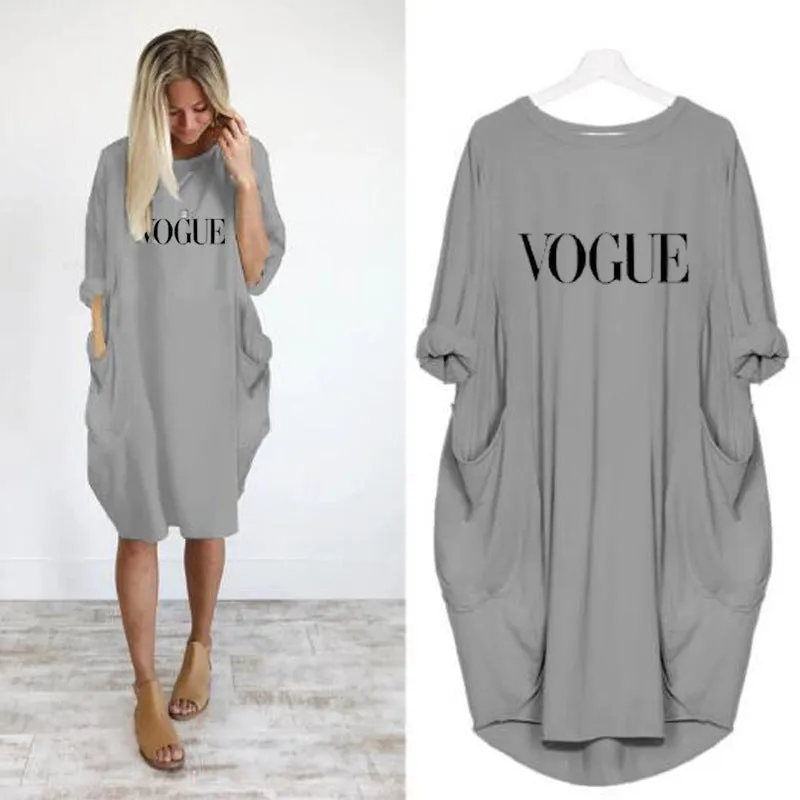 Trendy Casual Loose Pocket Long Sleeved VOGUEPrinted Women Dress Pocket Dress