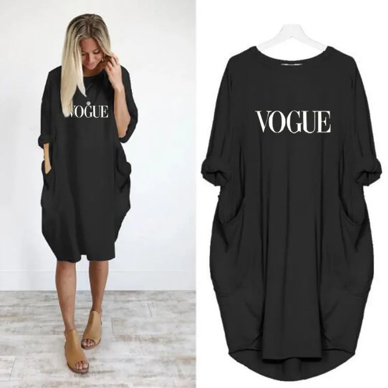 Trendy Casual Loose Pocket Long Sleeved VOGUEPrinted Women Dress Pocket Dress