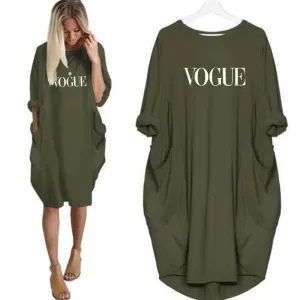 Trendy Casual Loose Pocket Long Sleeved VOGUEPrinted Women Dress Pocket Dress