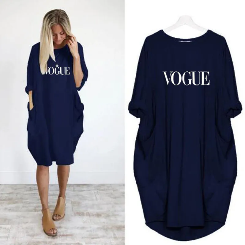 Trendy Casual Loose Pocket Long Sleeved VOGUEPrinted Women Dress Pocket Dress