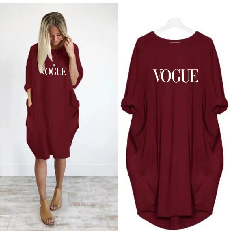 Trendy Casual Loose Pocket Long Sleeved VOGUEPrinted Women Dress Pocket Dress