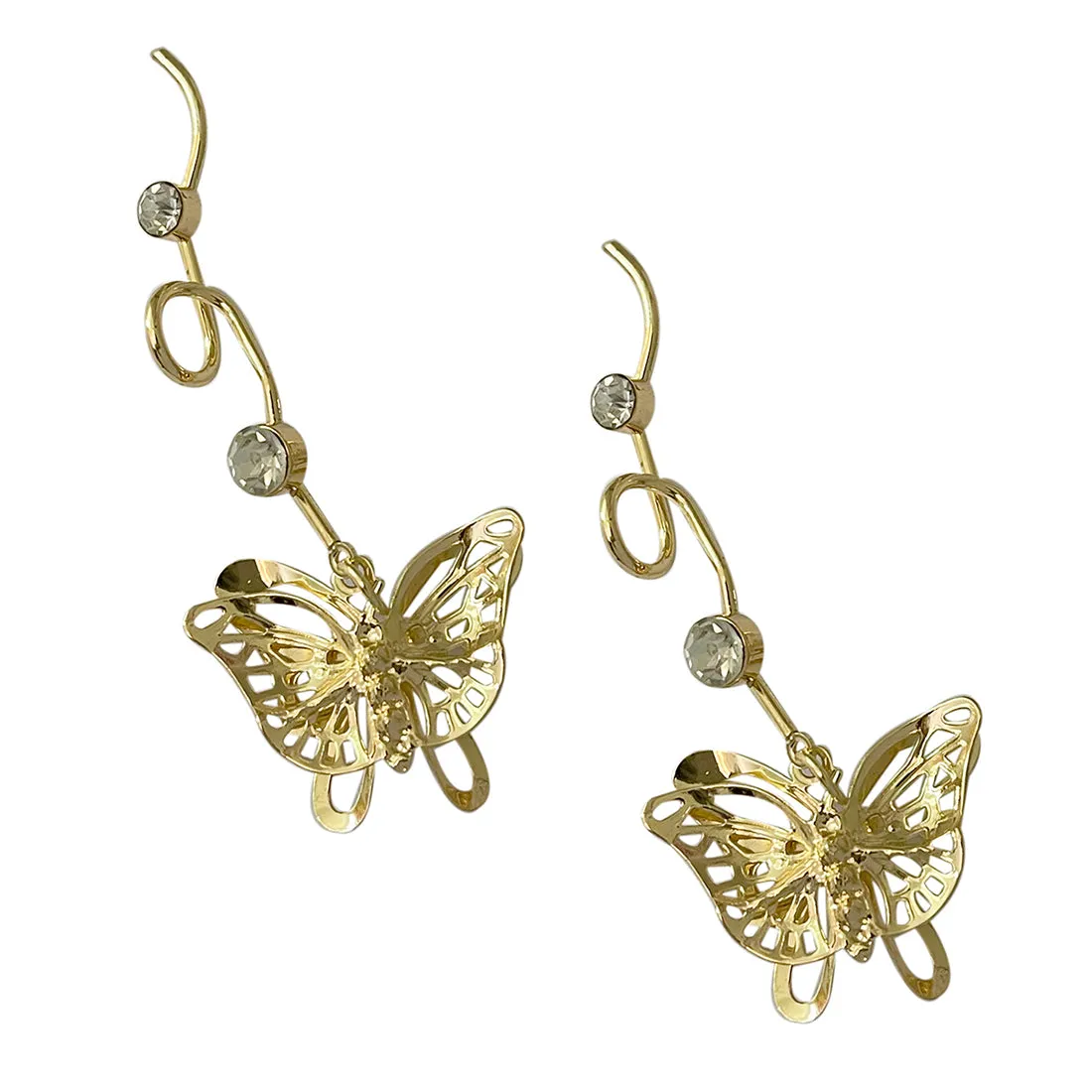 TRENDY GOLD-TONED BUTTERFLY & DIAMANTE STUDDED ORGANIC DROP EARRINGS