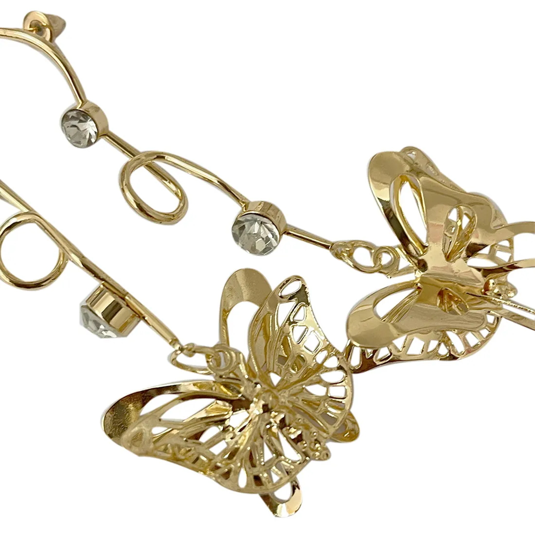 TRENDY GOLD-TONED BUTTERFLY & DIAMANTE STUDDED ORGANIC DROP EARRINGS