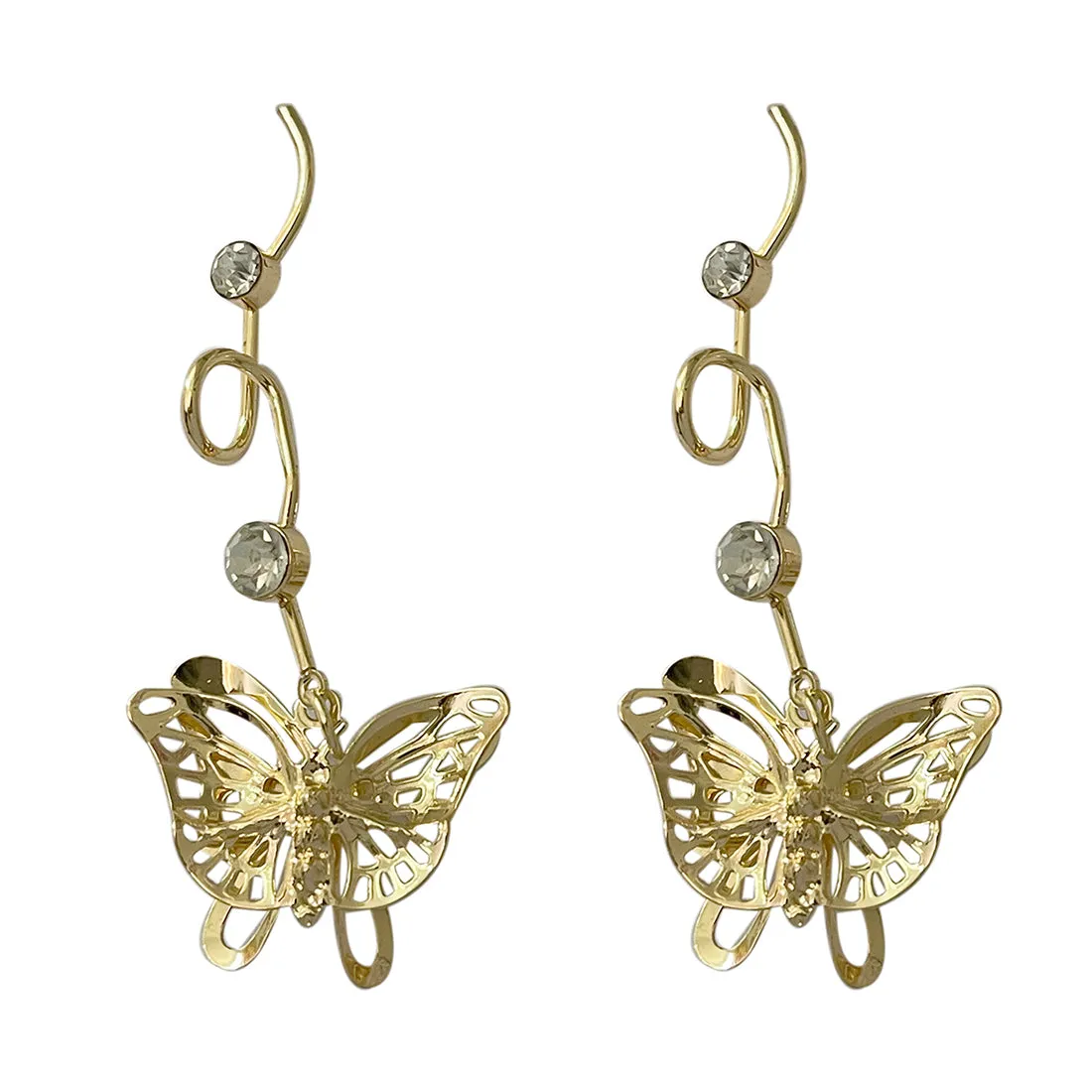 TRENDY GOLD-TONED BUTTERFLY & DIAMANTE STUDDED ORGANIC DROP EARRINGS