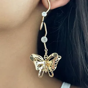 TRENDY GOLD-TONED BUTTERFLY & DIAMANTE STUDDED ORGANIC DROP EARRINGS