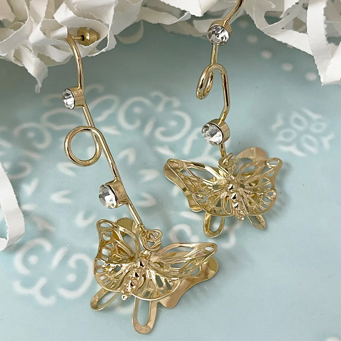 TRENDY GOLD-TONED BUTTERFLY & DIAMANTE STUDDED ORGANIC DROP EARRINGS