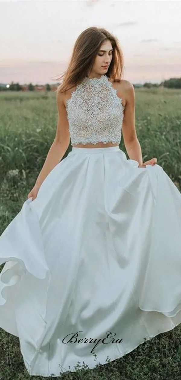 Two Pieces Lace A-line Wedding Dresses, Trendy Halter Wedding Dresses