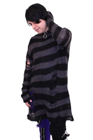 Unisex Grey & Black Striped Distressed Sweater by VampireFreaks