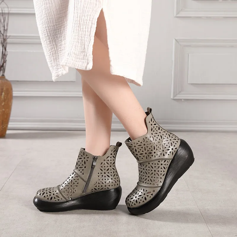 Wedge Heel Round Head Summer Leather Boots