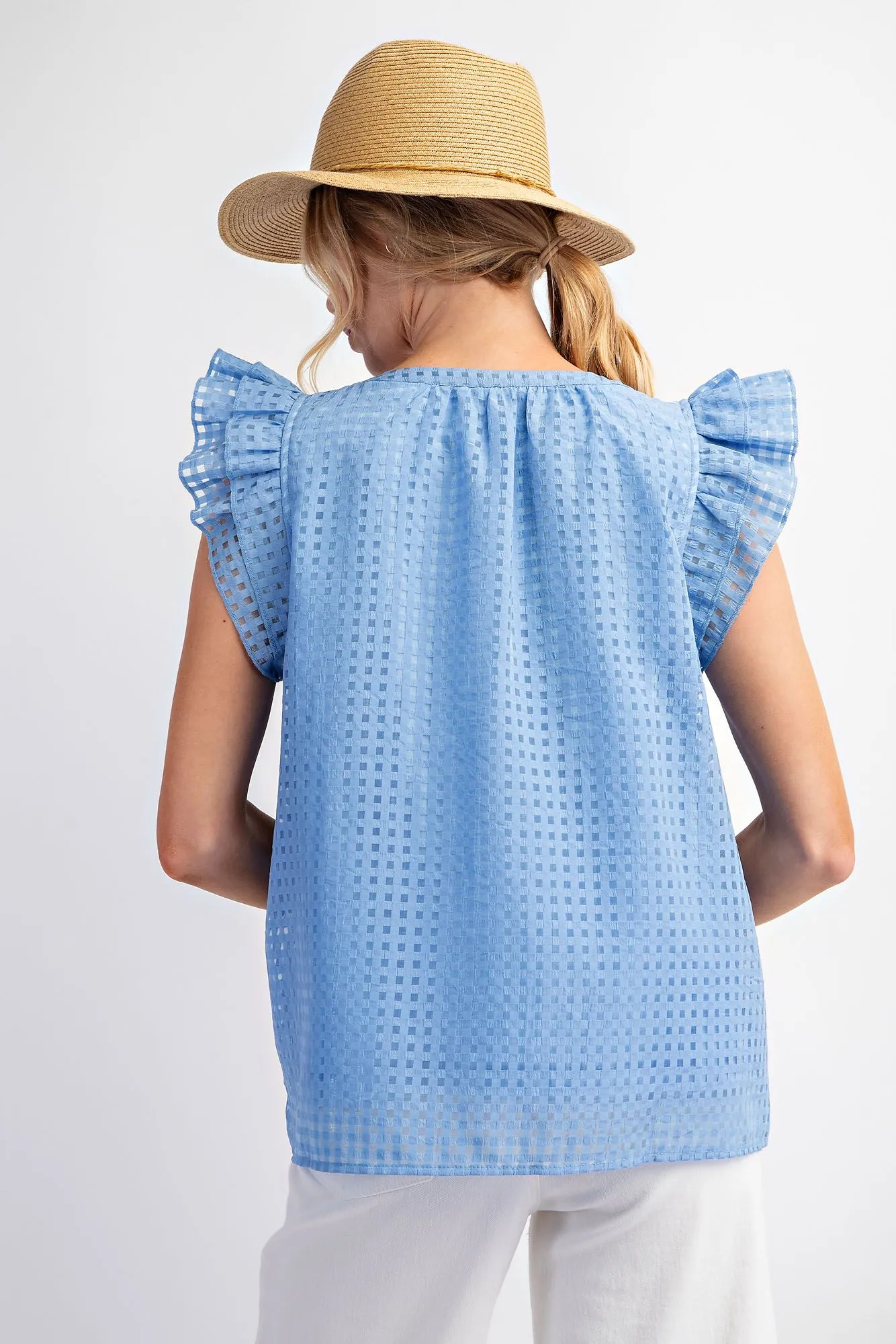 Wing Sleeve Square Pattern Poly Woven Top