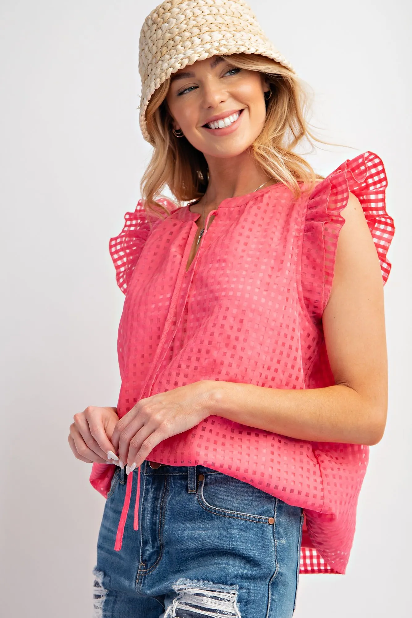 Wing Sleeve Square Pattern Poly Woven Top