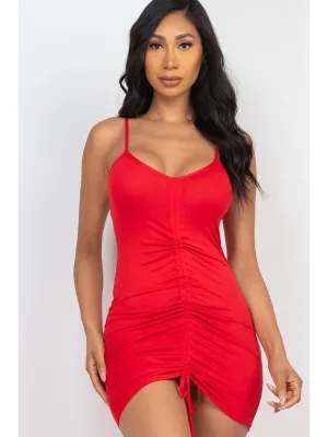 Women Red Adjustable Ruched Front Detail Mini Dress