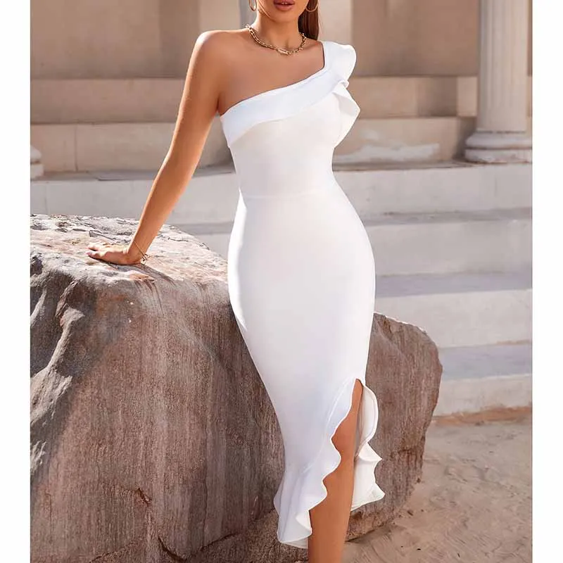 Women White Sheath Dress One Shoulder Scallop Party Dress Body-con Dress