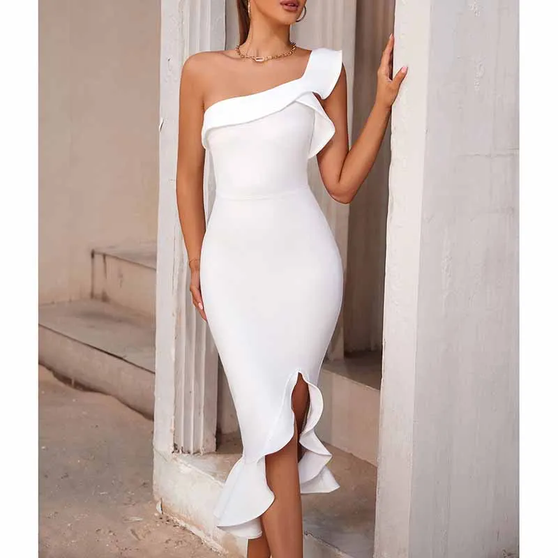 Women White Sheath Dress One Shoulder Scallop Party Dress Body-con Dress